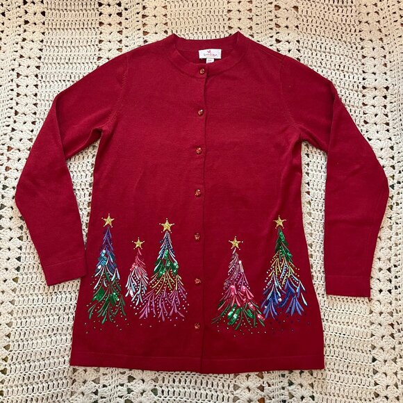 Quacker Factory Red Embroidered Sequin & Stud Tree Button Front Cardigan XXS - Picture 1 of 9